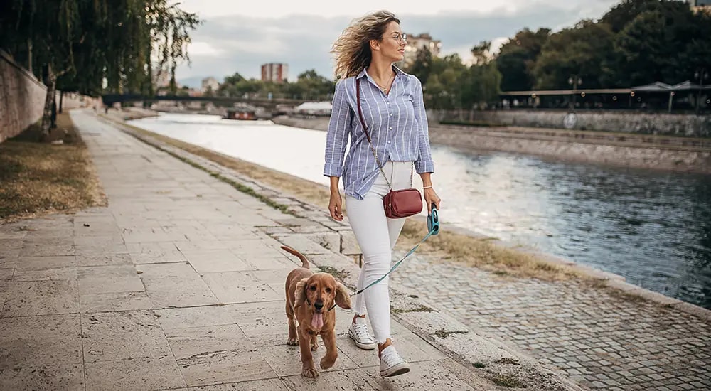 Woman walking her dog in the park