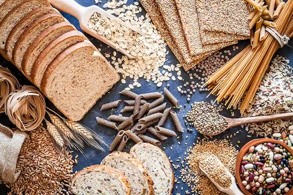 Selection of bread, pasta, and grains