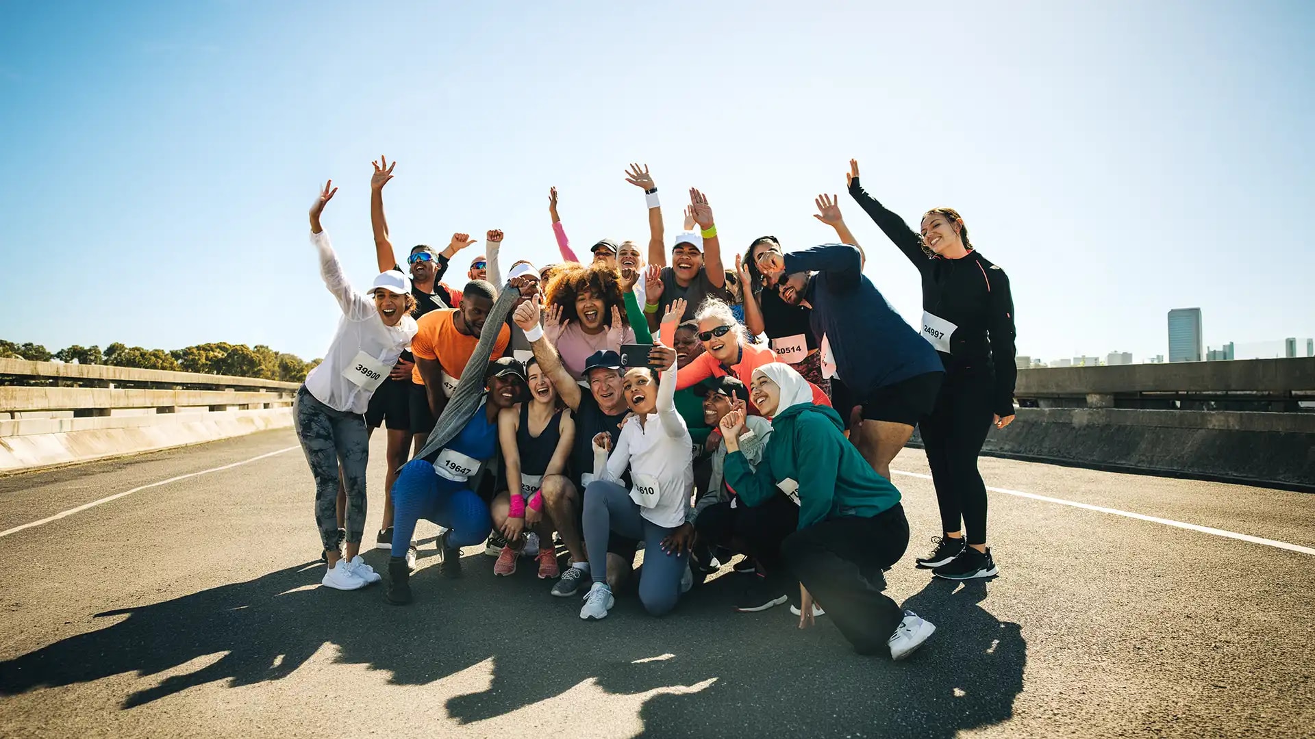 Energetic group takes a selfie after completing a 5km race